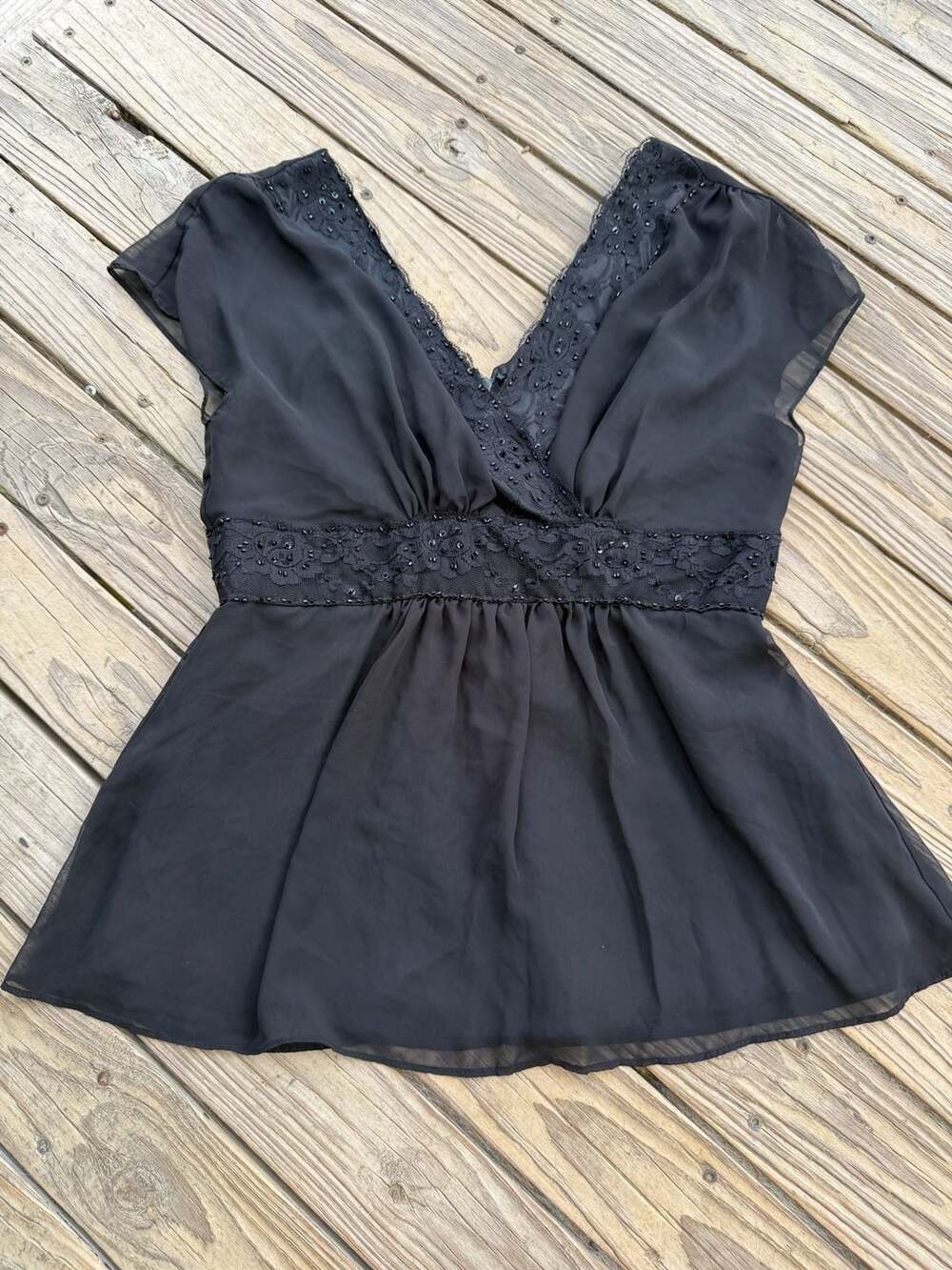 Bahari Black Chiffon Beaded Lace Peplum Blouse Size 6